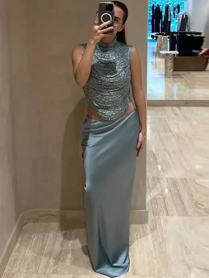 Ensemble BKQU Crop Top à Pampilles et Jupe Sirène en Satin pour Femmes Occasions Spéciales