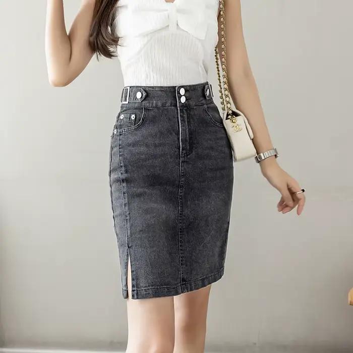 Automne 2025 grande taille Jupe pour femmes taille haute grande taille fente noir ou bleu jean jupes mode coréenne mince Jupe Femme
