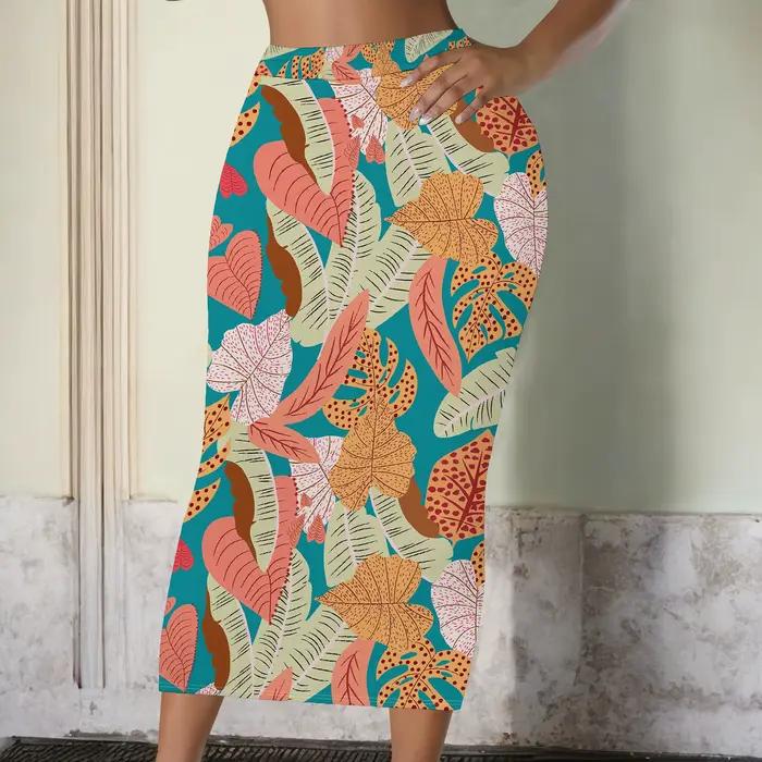 Jupe à imprimé tropical, jupe midi bohème, jupe à motif de feuilles, jupe crayon taille haute, tenue de plage estivale, S-2XL