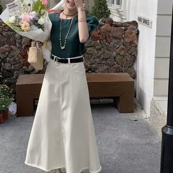 Jupe Taille Haute Blanche Denim Polyestercoton Pour Femmes Occasions Estivales Silhouette Minceur Mode Queue de Poisson Mi-Mollet