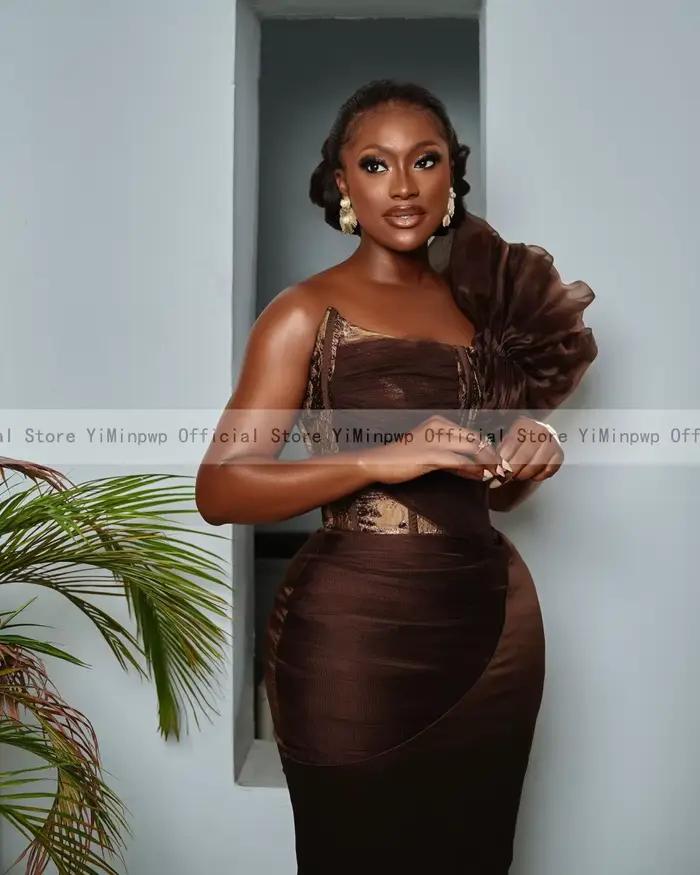 Aso Ebi – robe de soirée marron pour femmes, asymétrique épaule dénudée, plissée, robes de fête de mariage africaines, longue robe d'occasion formelle personnaliséeAso Ebi robes de soirée marron pour 