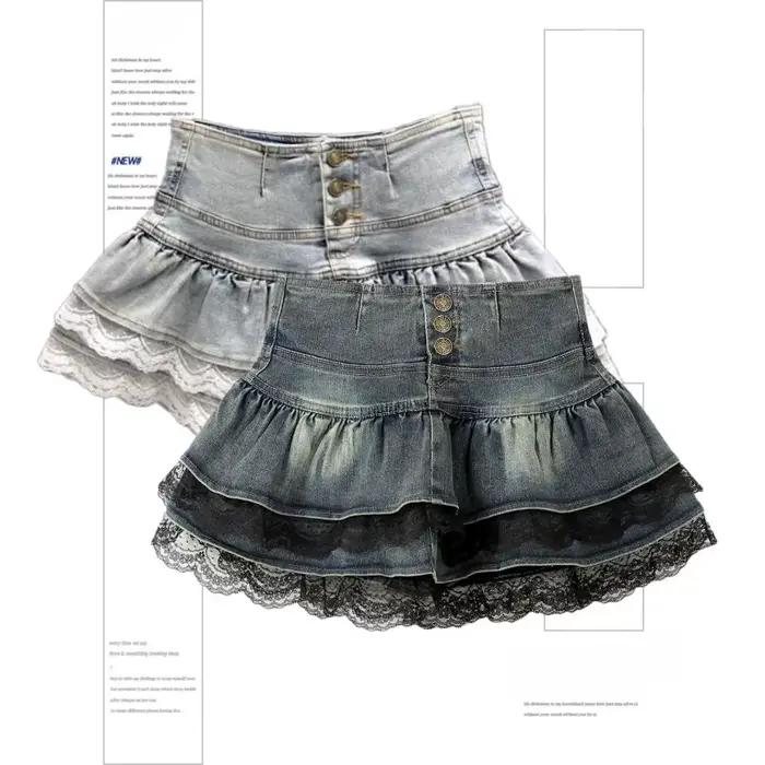 Femme Vintage Denim jupe plissée dentelle pli conception a-ligne