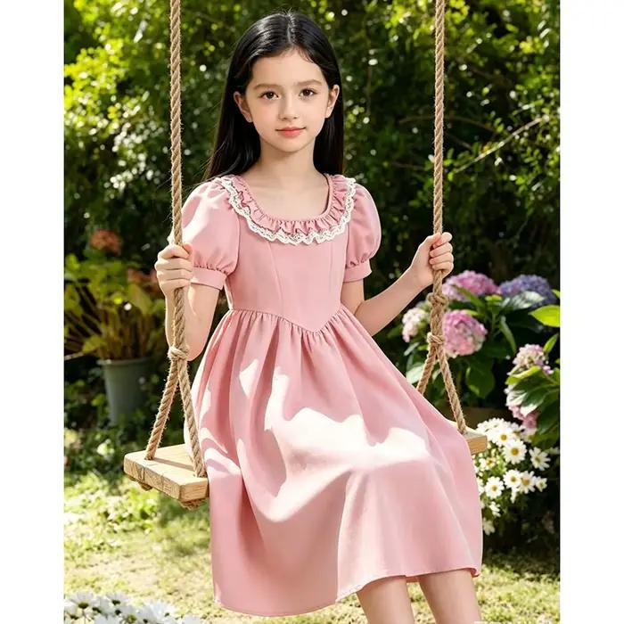 Robe jupe longue rose douce et élégante pour filles de 8 à 12 ans, col carré, manches bulles, robe de soirée de princesse en dentelle, été