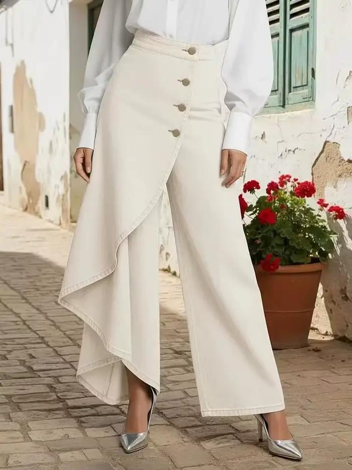 Jupe-culotte en jean pour femme, style vintage, avec boutons, coupe large, taille haute irrégulière, pantalon droit, élégant, avec empiècements, pour l'été