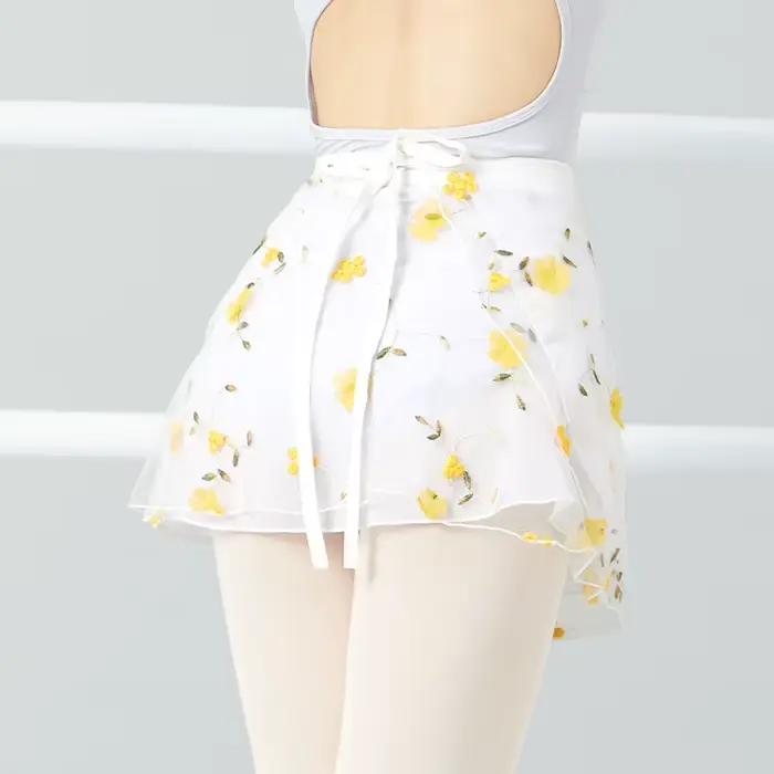 Jupes de danse de ballet pour femmes, broderie florale, mini jupes enveloppantes courtes, jupes de danse à lacets, 2 couches, jupes de performance de danse pour adultes