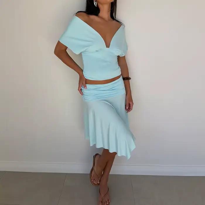 Ensemble 2 pièces d'été pour femme : Jupe asymétrique taille haute et crop top col en V