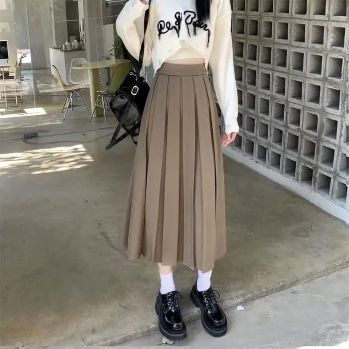 Jupe longue plissée noire de style coréen pour femmes