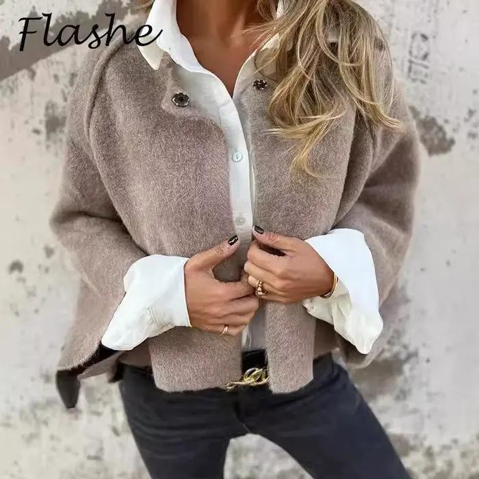 Veste courte en laine combinée pour femme, manches longues, monochromatique, vêtements d'extérieur décontractés, design, automne, hiver