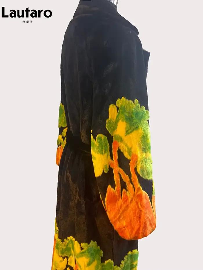 Lautaro automne hiver Long chaud épais doux Chic coloré moelleux fausse fourrure de vison manteau femmes ceintures de luxe lâche fourrure pardessus 2024