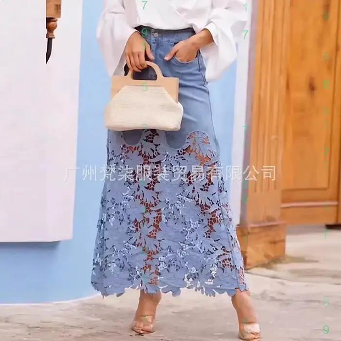 Jupe en jean à panneaux en dentelle taille haute pour femme, mode printemps-été, décontractée