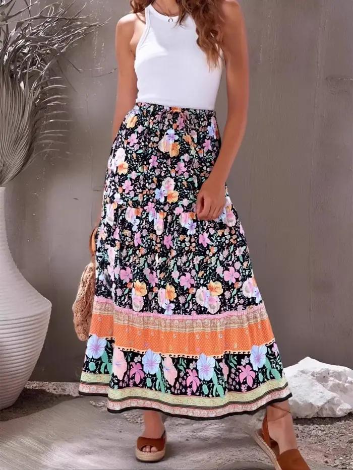 Boho Dinner ens-Jupe maxi plissée à pompons pour femmes, taille élastique, imprimé floral bleu, rayonne, plage, été, hiphélicoptère, vintage
