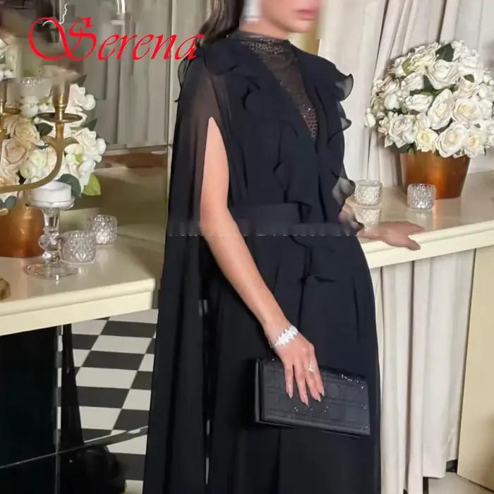 Robe de soirée en mousseline de soie noire, personnalisée, de haute qualité, élégante, gracieuse, col ras du cou, manches longues, robes de célébrité, robe de bal classique