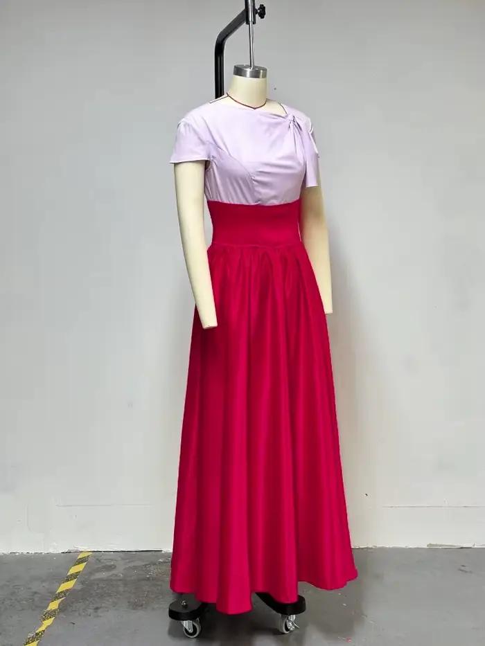 Robes Maxi bloc de couleur rouge pour femmes, manches courtes, taille haute, ligne A, mode Slim, fête, Club, bal, robes de soirée élégantes et simples