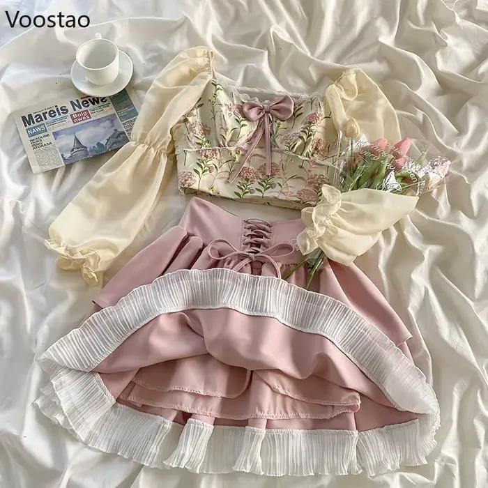 Ensemble jupe Sweet Lolita pour femme, chemisier court à manches bouffantes, mini jupe à volants roses, col carré, nœud français élégant, imbibé