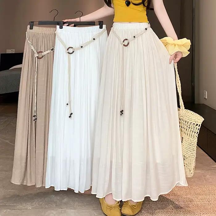 Boho femmes jupe coton lin jaune femme jupes taille haute Harajuku 2025 tendance luxe élégant Vintage jupe longue avec ceinture