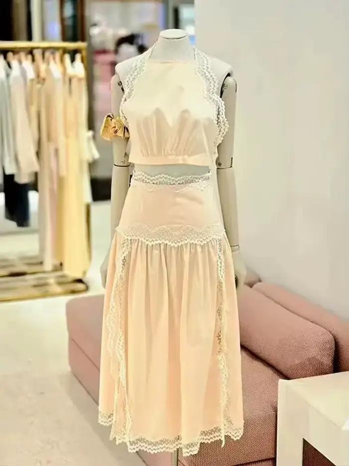 Jupe mi-longue évasée à taille haute pour femme avec bordure en dentelle ou débardeur court sans manches à épaules