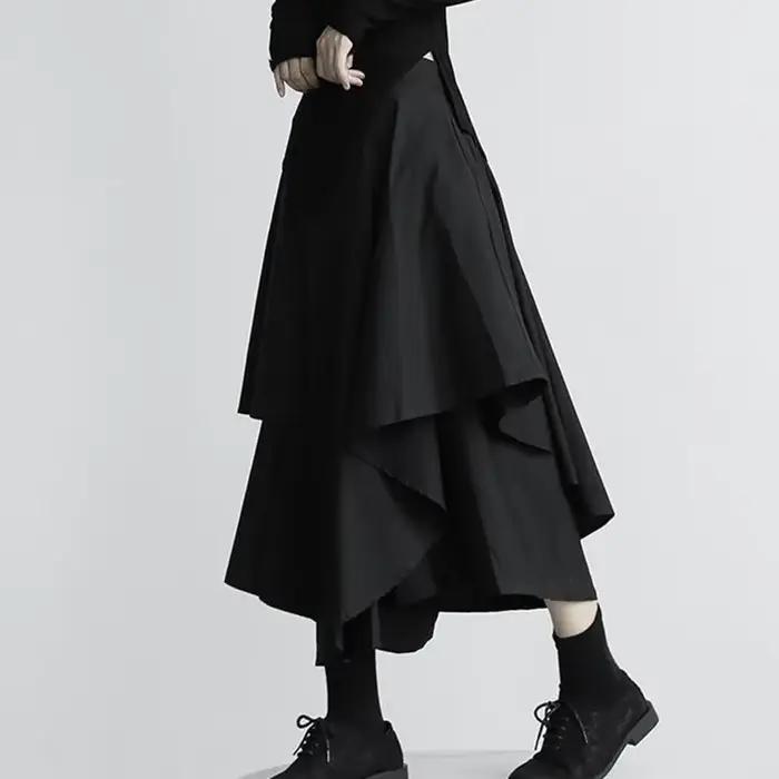Femmes jupes noires japonais gothique irrégulière taille haute jupe plissée pantalon