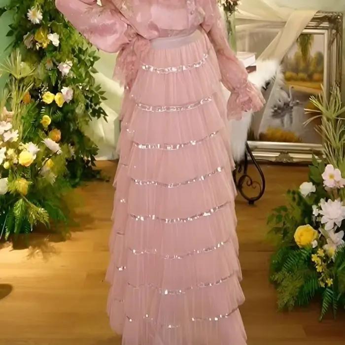 Jupe de soirée en tulle à 8 couches avec sequins