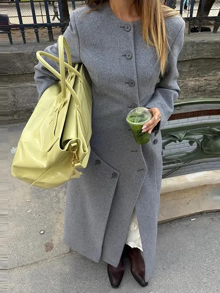 Manteau Long en laine grise pour femmes, col rond, manches longues, boutons asymétriques, Design, Silhouette élégante, vêtements d'extérieur chauds, manteau d'automne 2025