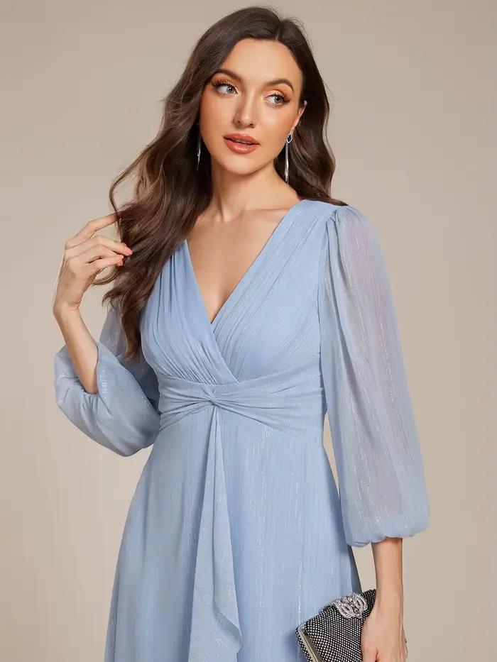 Robes de soirée élégantes, col en V profond, manches longues, longueur genou, Ever Pretty, en mousseline de soie brillante, bleu ciel, robes pour invitées de mariage
