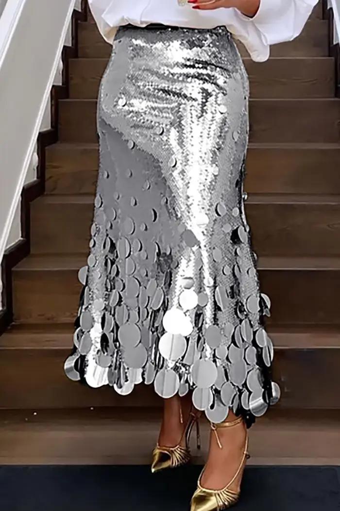 Grande taille femmes jupes formelles élégant or argent longue paillettes fête Club soirée