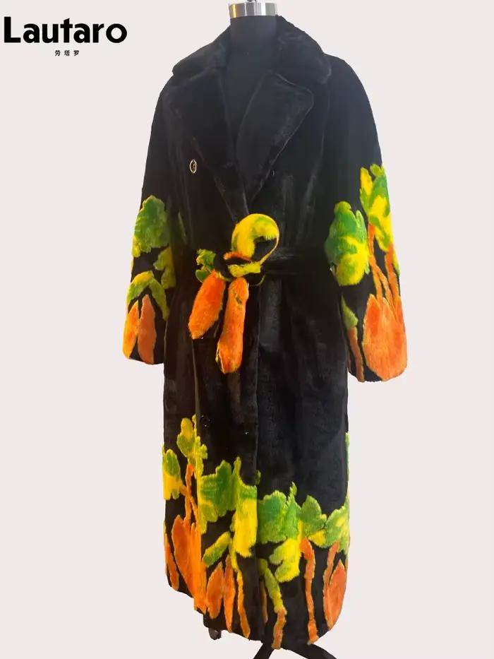 Lautaro automne hiver Long chaud épais doux Chic coloré moelleux fausse fourrure de vison manteau femmes ceintures de luxe lâche fourrure pardessus 2024