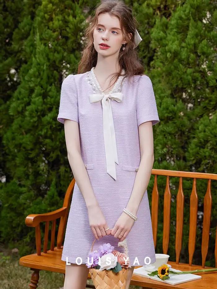 LOUIS YAO 2025 été nœud a-ligne jupe nouvelle élégante à lacets contraste épissage Non élastique robe pour femmes