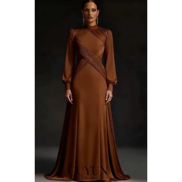 Robe de soirée longue à manches longues et col montant en lavande pour femmes, robe de soirée élégante à plis en jersey, longueur au sol, personnalisable