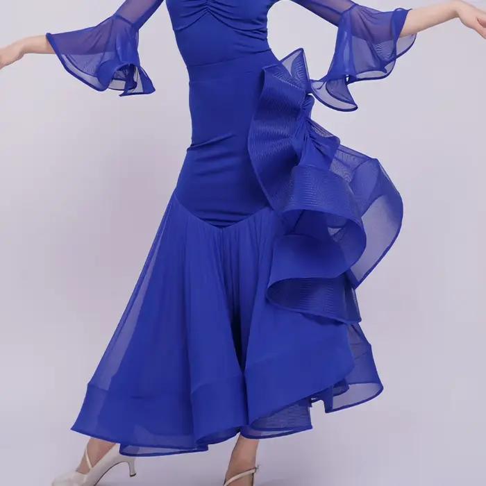 Jupe de Valse de Compétition Standard Midi de Haute Qualité pour la Danse de Salon, Modèle Roland Purple Fishbone Glaze Blue, pour la Pratique, Noire