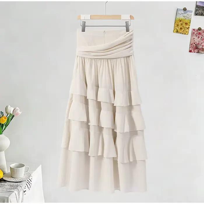 Robe pour femme style français, jupe à volants, jupe midi à volants, jupes unies, ourlet fluide à niveaux, tenue quotidienne élégante, Nouveauté 2026