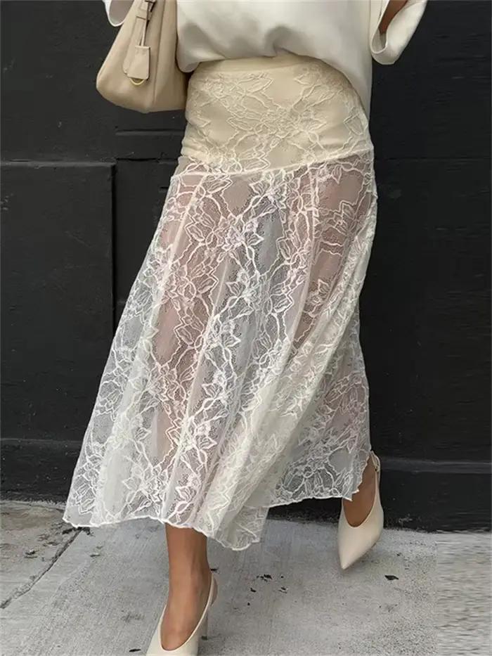 Jupe longue transparente en dentelle imprimée pour femme