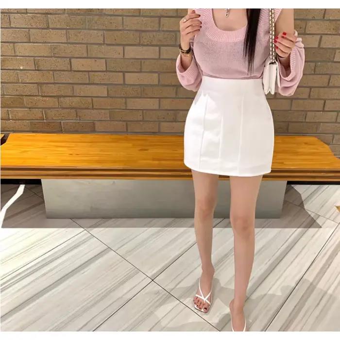 Jupe mi-longue unie style coréen pour femme, en mélange polyester-coton, taille haute, mini-jupe décontractée été 2026
