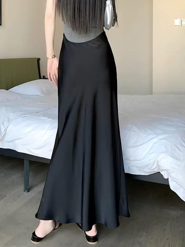 Jupes longues en Satin élégantes pour femmes, vêtements de mode coréenne, taille haute élastique, jupe noire, Streetwear d'été, jupe Midi trapèze, 2025