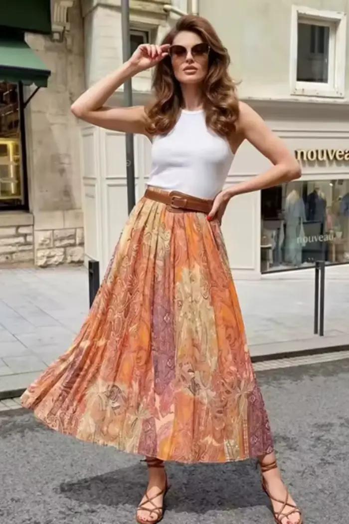 Jupe midi Guobioziy fibre de polyester fleur imprimé décontracté pour soirées officielles et carnavals femmes juniors 2026