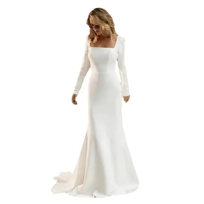 Robe de mariée en satin avec encolure carrée et train de balayage pour femmes occasions spéciales comme mariage et banquets