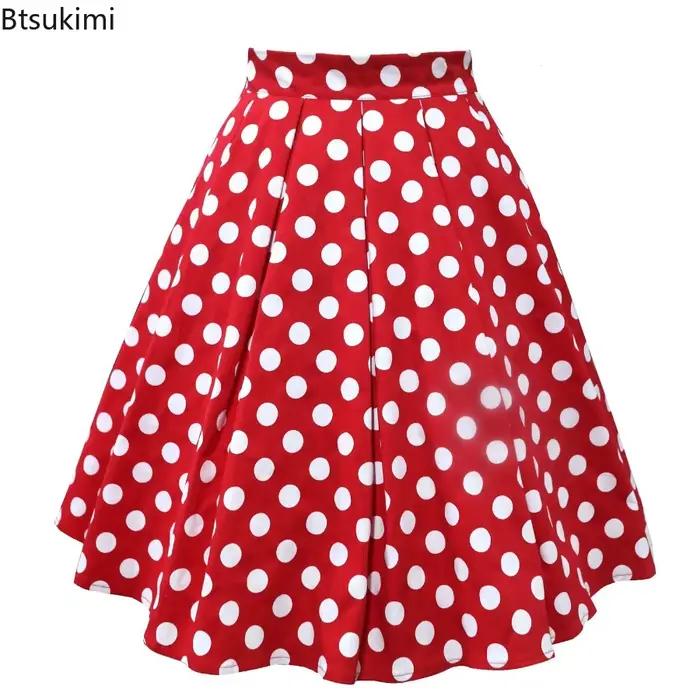 Nouvelle jupe plissée évasée à pois pour femme, style vintage 2026, taille haute, en coton, décontractée, grande taille, coupe trapèze, pour le quotidien