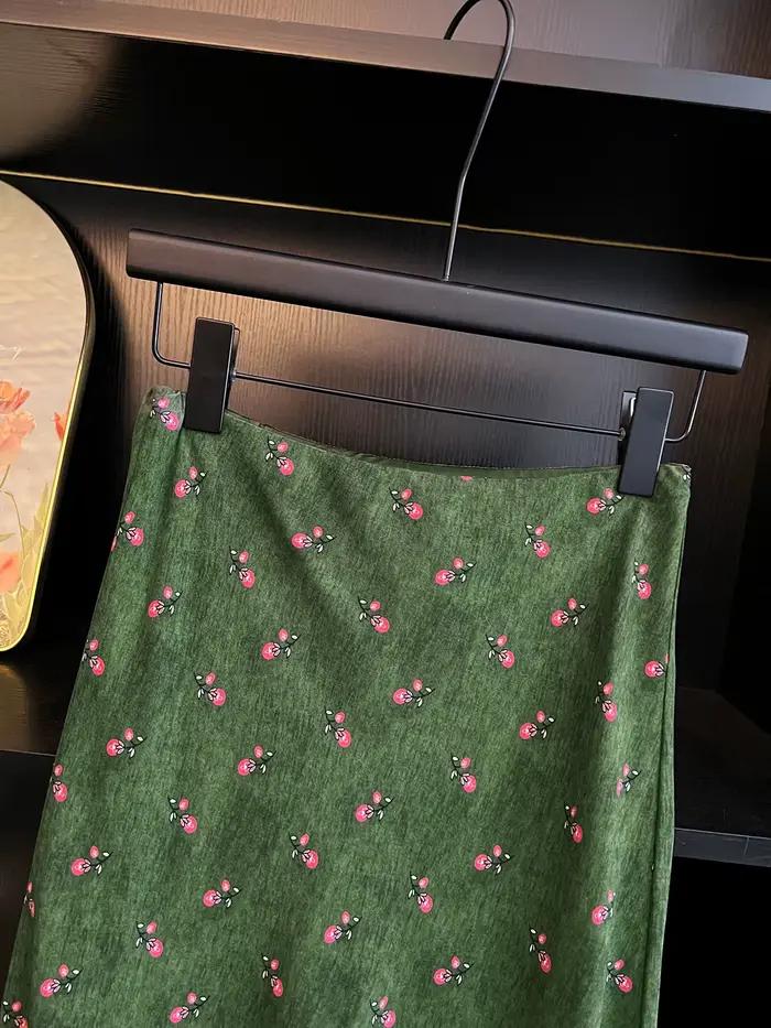 Jupe sirène mi-longue Seoulish imprimé cerises et motifs floraux taille haute élégante pour vacances et occasions spéciales polyester ajustement amincissant silhouette féminine