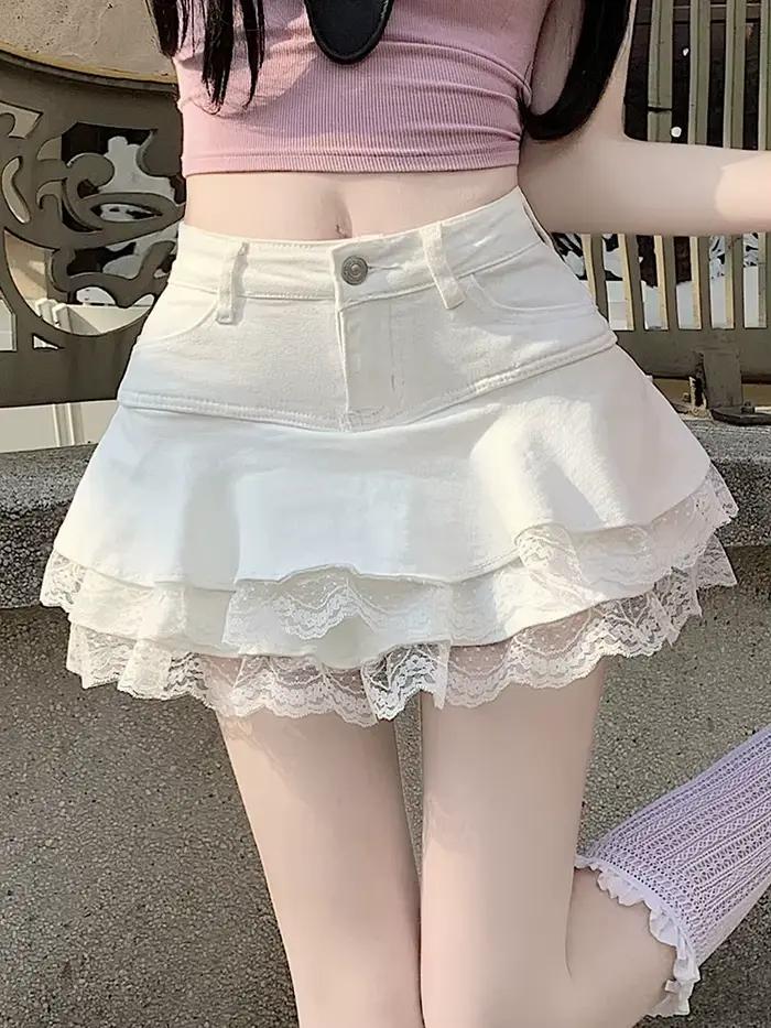 2025 été Mini Y2K Denim jupe femmes mode Streetwear volants Kawaii dentelle jupes Shorts Preppy école plissée jean jupe