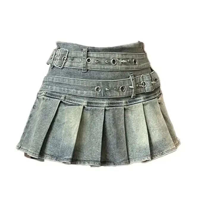 Femme Vintage Denim jupe plissée dentelle pli conception a-ligne