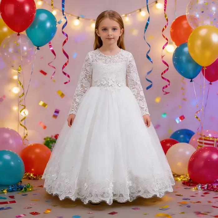 Nouvelle robe de mariée pour fille, robe de princesse longue en dentelle blanche, adaptée aux filles de 4 à 12 ans, robe de princesse pour concours de beauté