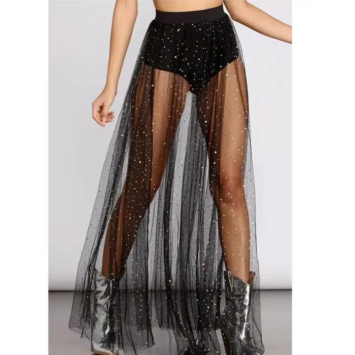 Jupe longue femme en maille transparente