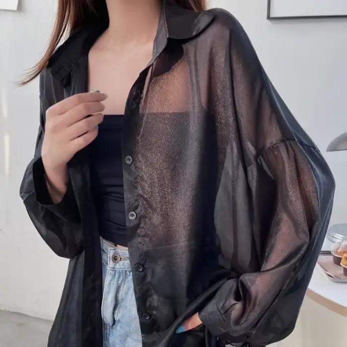 Femmes Chemise À Manches Longues Top Chemisier Femme En Mousseline De Soie Lâche Sexy Solide D'été Cardigan Couleur Mince Chemise Décontractée Vêtements D'extérieur Franc [рач coi