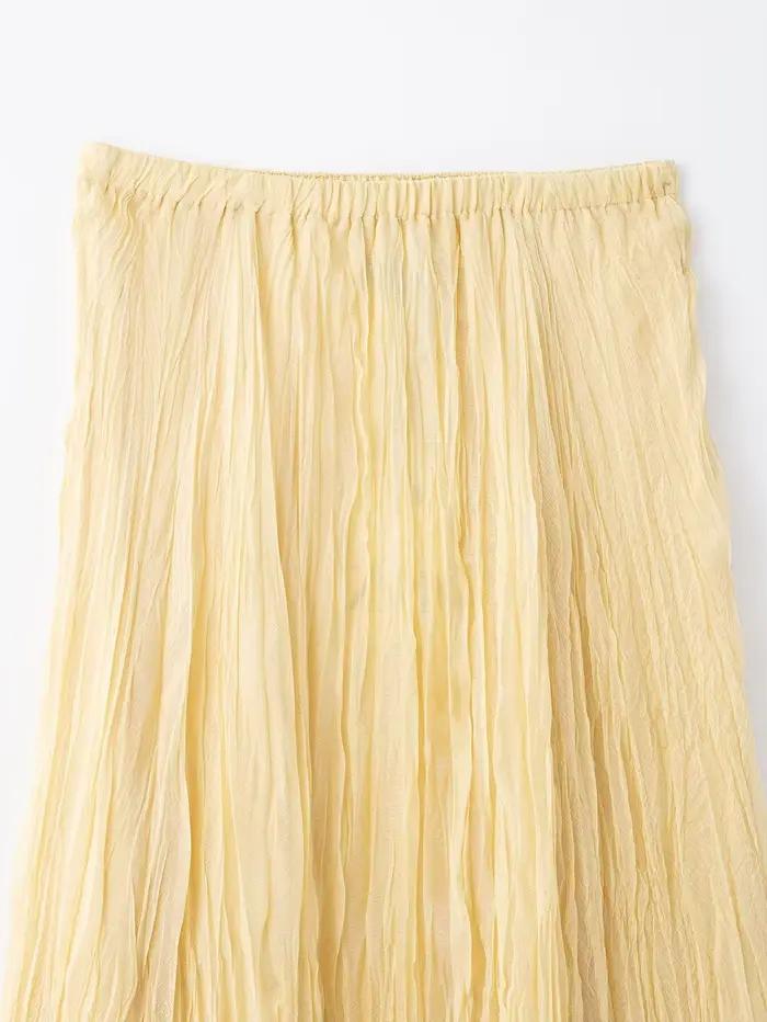 Couleur unie plis jupe longue femmes été nouvelle taille haute élastique Chic élégant a-ligne Faldas Streetwear mode