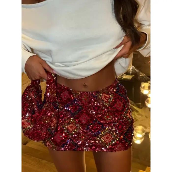 Jupe courte à sequins géométriques moderne pour femmes occasions estivales arc-en-ciel polyester non tissé