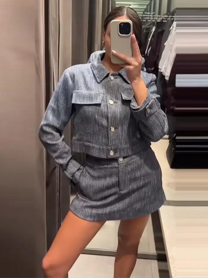 Ensemble coordonné pour femmes : veste courte boutonnée en jean et mini-jupe taille haute – Tenue décontractée pour le bureau, printemps-été