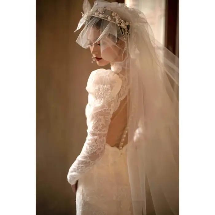 Robe de mariée légère française rétro, manches longues, queue de poisson, en dentelle, pour photographie de voyage, robe de Banquet, personnalisée