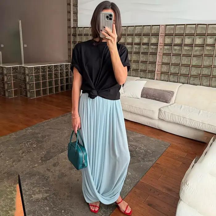 Linad élégant en mousseline de soie bleu fendu jupes longues femme décontracté taille élastique jupe droite