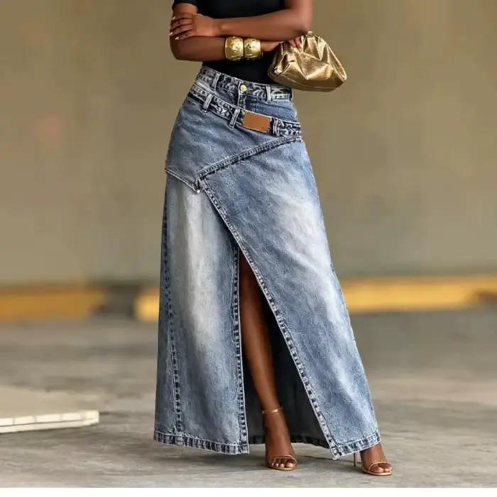 Jupe longue en jean délavé taille haute asymétrique avec fente avant irrégulière pour femme