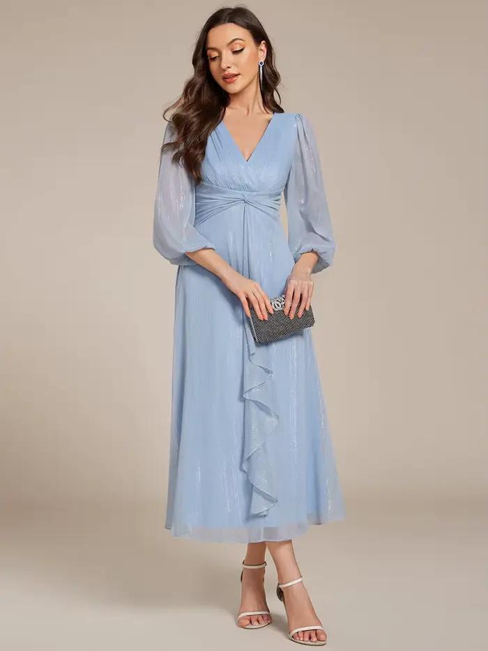 Robes de soirée élégantes, col en V profond, manches longues, longueur genou, Ever Pretty, en mousseline de soie brillante, bleu ciel, robes pour invitées de mariage