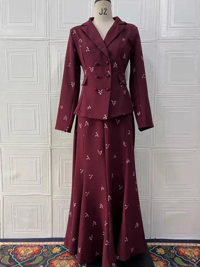 Femmes jupe longue costume veste 2 pièces Ensemble imprimé tenues haut jupes Blazer manteau musulman Double boutonnage à lacets Eid Ensemble modeste